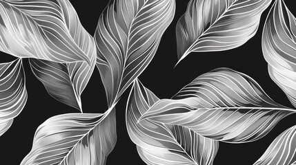 Poster - Elegant and intricate line art leaf outlines with detailed botanical patterns in a minimalist monochromatic color palette  This abstract digital has a fluid dynamic composition with a modern