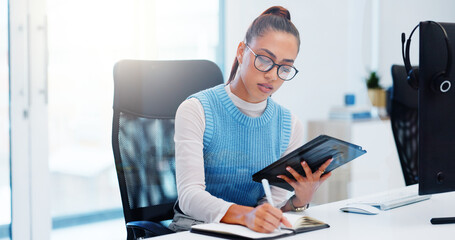 Aufkleber - Tablet, writing and woman with plan in office, research or virtual assistant with schedule or meeting. Glasses, notebook and secretary with concentration, online or employee with journal or corporate