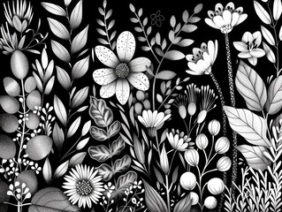 Sticker - Captivating monochrome botanical art composition featuring an intricate arrangement of stylized floral patterns  delicate leaves  and minimalist foliage designs