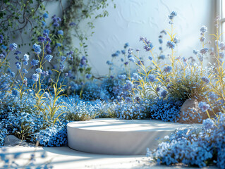 Poster - Empty white empty podium displaying cosmetic product with blue flowers in the sun rays from window