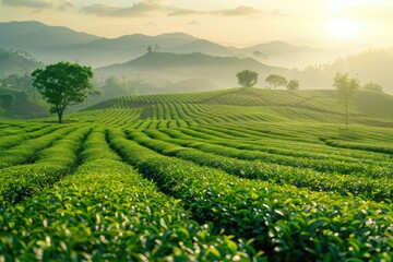 Poster - A serene scene of a green tea plantation surrounded by majestic mountains