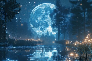 Wall Mural - A large blue moon is reflected in the water of a forest