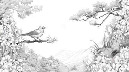 Poster - Delicate Monochrome Line Art Depicting a Serene Nature Inspired Landscape with Elegant Floral and Botanical Elements  This Minimalist Refined
