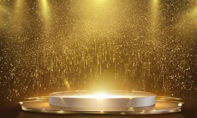 a luxurious golden stage adorned with glittering lights and sparkling particles. elegant award cerem