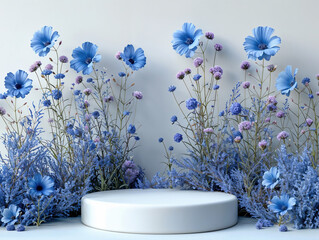 Poster - White podium displaying on blue flowers field for product presentation on light blue wall background, for product display