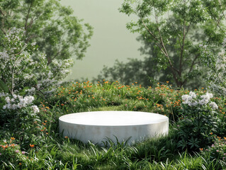 Wall Mural - Round concrete podium displaying on lush meadow surrounded by white and orange flowers in a forest for product presentation