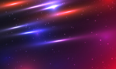 Poster - Cosmic space travel effect, neon light speed. Colorful abstract universe background. Colorful cosmos with stardust and milky way. Magic color galaxy. Infinite universe and starry night. Science Vector