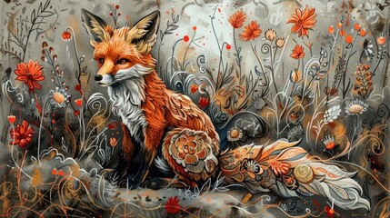 Poster - Charming and whimsical digital featuring a playful fox surrounded by a vibrant stylized floral nature scene with doodle like elements and patterns  The image showcases a creative