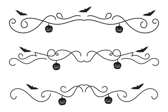 set of Halloween flourish dividers, hand-drawn fancy lines with pumpkins and Bats vine scroll page separator, decorative ornate swirls vintage menu Wedding border holiday design element

