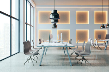 Wall Mural - Bright bright designer coworking office interior with panoramic windows, city view and designer wall with illuminated pattern. 3D Rendering.