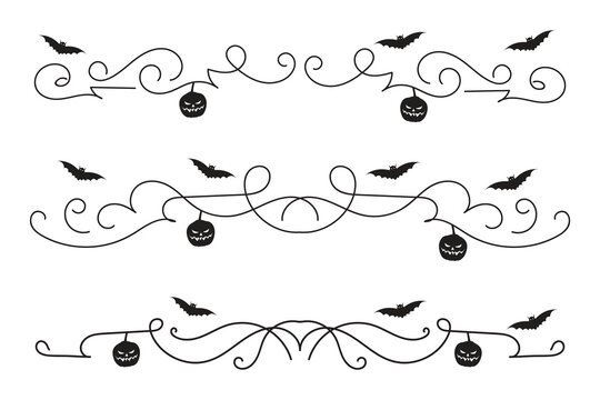 set of Halloween flourish dividers, hand-drawn fancy lines with pumpkins and Bats vine scroll page separator, decorative ornate swirls vintage menu Wedding border holiday design element


