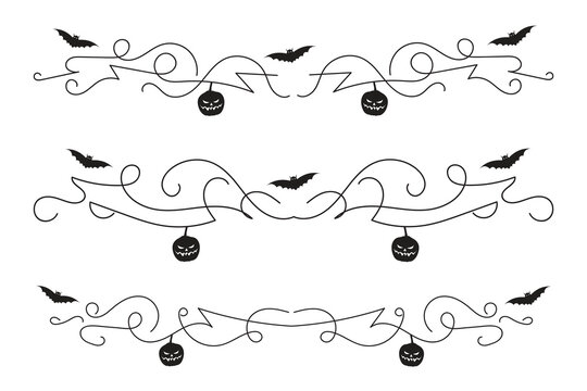 set of Halloween flourish dividers, hand-drawn fancy lines with pumpkins and Bats vine scroll page separator, decorative ornate swirls vintage menu Wedding border holiday design element


