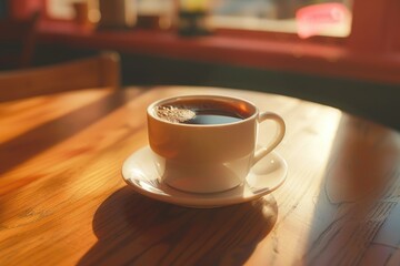 Wall Mural - A cup of coffee sits on a wooden table, ready to be enjoyed