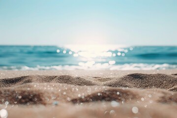 Poster - A serene coastal scene with sandy beach and vast ocean in the background, ideal for travel, tourism or relaxation themes
