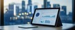 © Aurora - Electric vehicle data analytics dashboard on a tablet in a business meeting, city skyline visible through the window, Minimalistic, Soft tones