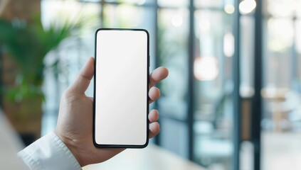 Poster - Hand Holding Smartphone with Blank Screen in a Blurred Background