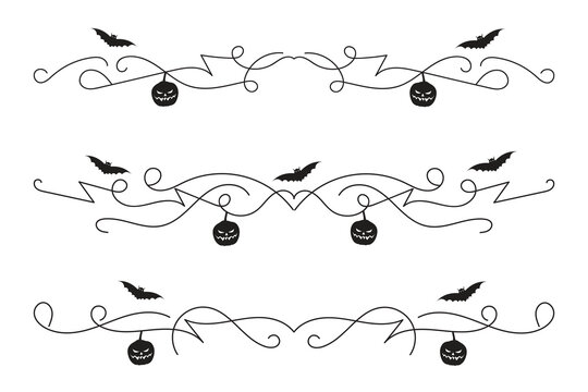 set of Halloween flourish dividers, hand-drawn fancy lines with pumpkins and Bats vine scroll page separator, decorative ornate swirls vintage menu Wedding border holiday design element

