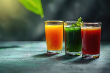 Poster - Three glasses of juice sitting on a table, perfect for a snack or drink