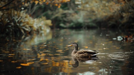 Wall Mural - A duck swims peacefully in a calm pond