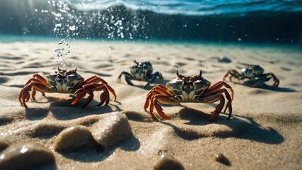 Poster - crabs scuttling along the sandy deep underwater background backdrop