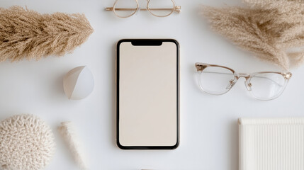 Modern Business Essentials: Smartphone, Glasses, and Office Accessories Flat Lay on White Background