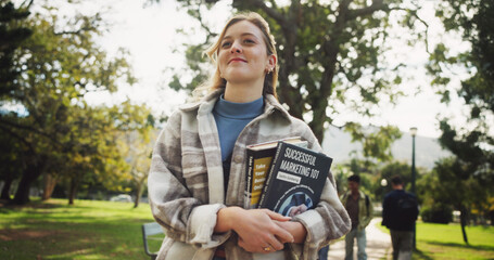 Aufkleber - Student, woman and books in park, happy and thinking on walk for education, learning and development at campus. Person, smile and outdoor with perspective for scholarship at university in Germany