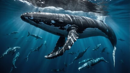 whales majestically swimming in the deep underwater background backdrop 3