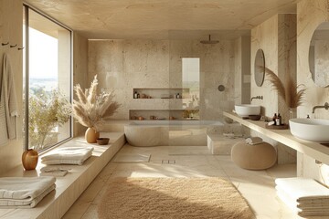 Wall Mural - A bathroom with a tan color theme and a tan rug