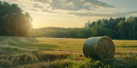 Sticker - Agricultural landscape with hay bales in summer sunrise Green field and forest