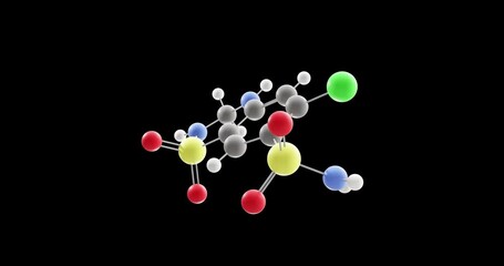 Poster - Hydrochlorothiazide molecule, rotating 3D model of diuretic medication, looped video on a black background