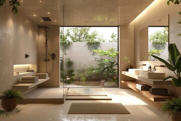 Wall Mural - A bathroom with a shower and a walk-in shower