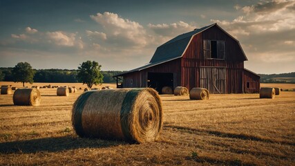 Canvas Print - barn with hay bales stacked background farm concept backdrop