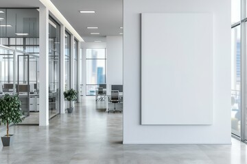 Wall Mural - Modern Office Interior with a Large Blank Canvas and City View