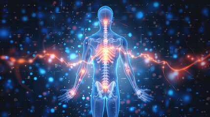 Poster - A person's body with a glowing skeleton and lights in the background, perfect for depicting supernatural or paranormal scenes