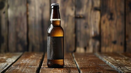 Poster - A single bottle of beer sits on top of a wooden table, ready to be enjoyed
