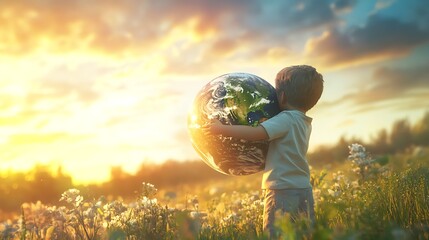 a little boy hugs the world in the peaceful nature. a warm and innocent image that conveys love for 
