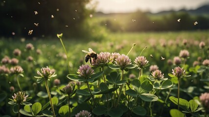 Wall Mural - field of clover with bees background farm concept backdrop