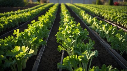 Poster - rows of celery in the garden background farm concept backdrop