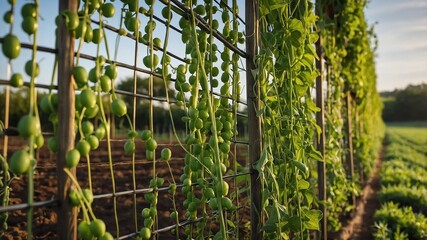 Poster - rows of peas climbing trellis background farm concept backdrop 3