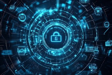 Poster - Blue glowing padlock surrounded by digital circles