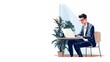 © AI ART WORLD - Businessman working on a laptop at a desk with plants, in a modern office setting. Ideal for depicting professional work environments, remote work, HR materials, and freelance or employment-related
