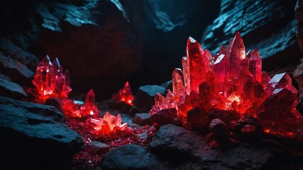 Canvas Print - crystals growing red lights on deep cave background backdrop