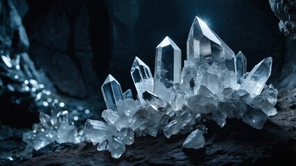 Poster - crystals growing white lights on deep cave background backdrop