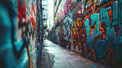 Aufkleber - A narrow urban alleyway with vibrant street art and colorful graffiti on the walls, perfect for use in cityscape or urban-themed designs