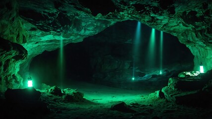 Wall Mural - green glowing mysterious lights in the deep cave background backdrop