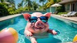 © mischenko - An inflatable pig wearing sunglasses swims in a pool on a sunny day.
