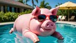 © mischenko - An inflatable pig wearing sunglasses swims in a pool on a sunny day.