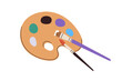 © Good Studio - Paint palette and brushes. Painting color pallette, creative drawing tool. Artistic supplies, oil colour pallet on wooden board, artist accessory. Flat vector illustration isolated on white background
