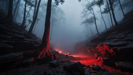 Wall Mural - red foggy mist on darkness in deep cave background backdrop