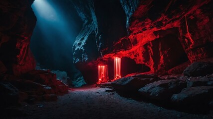 Canvas Print - red glowing mysterious lights in the deep cave background backdrop